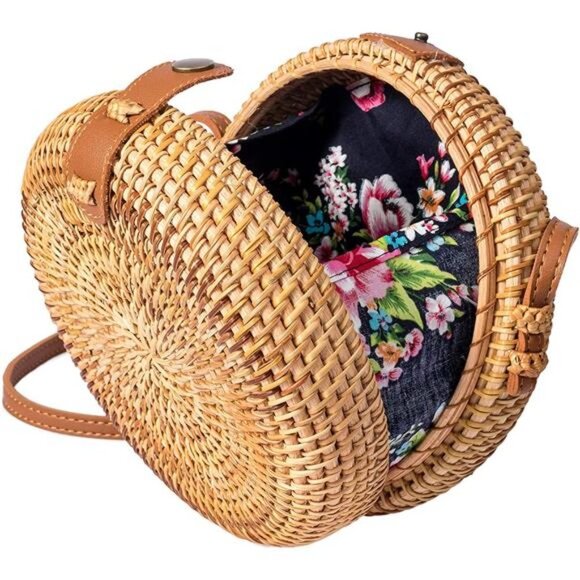 Handbags - Women's Rattan Handwoven Round Crossbody Bag